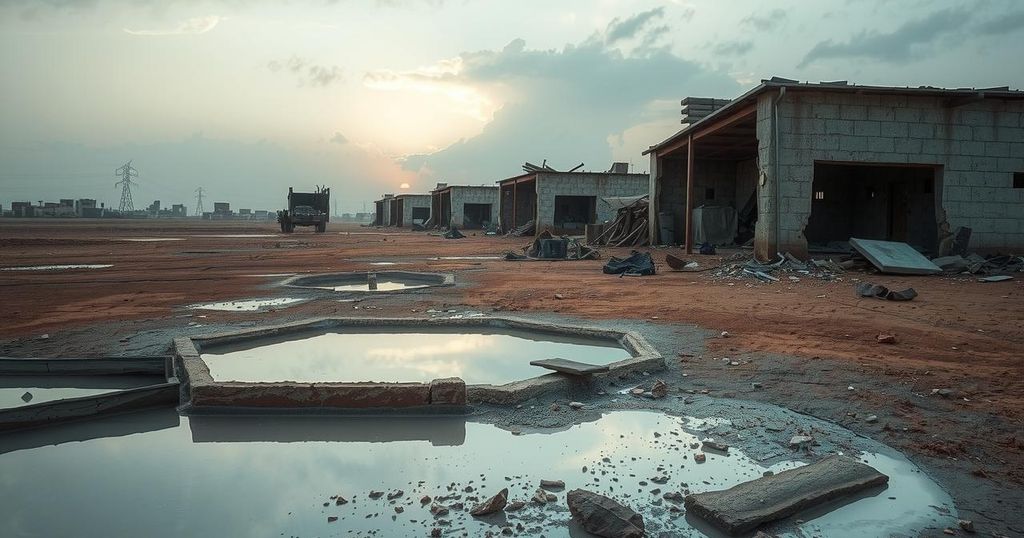 A devastated landscape of Sudan, showing abandoned structures and polluted water amidst a desolate environment.