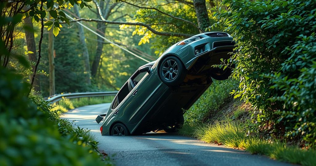 A flipped car in dense foliage after an accident on a winding road, showcasing a tranquil nature scene.