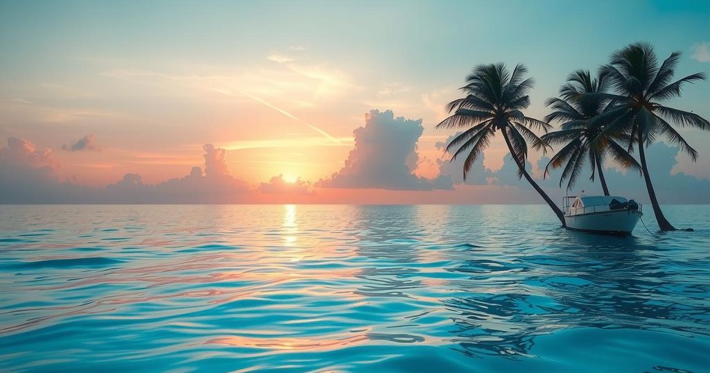 A tranquil tropical ocean scene showcasing cool blue waters under a soft sunset with light clouds, evoking climate change themes.