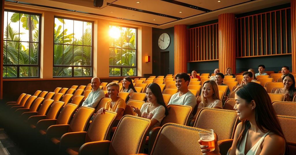A light-hearted scene depicting a plush auditorium with people laughing. Warm colors create a cozy atmosphere.