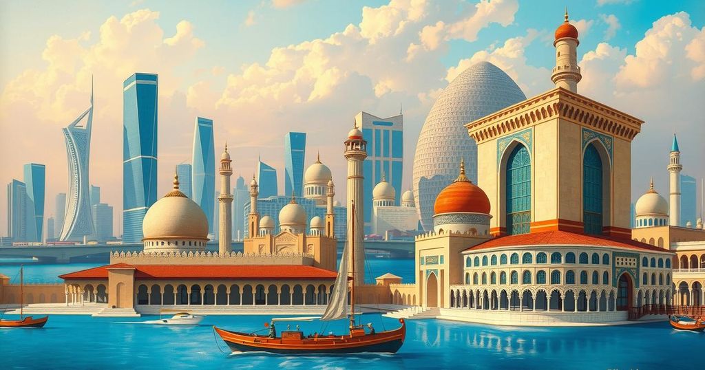 A luxurious landscape of the Middle East with iconic architecture, highlighting diplomatic ties and investment initiatives.