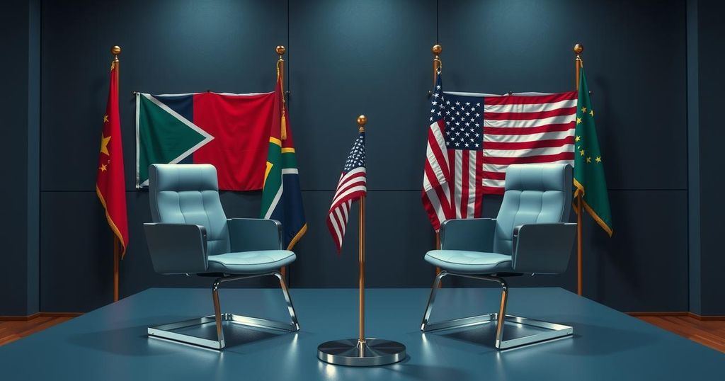 Cyril Ramaphosa and Trump in a tense diplomatic meeting with maps and flags, showcasing international relations and global diplomacy.