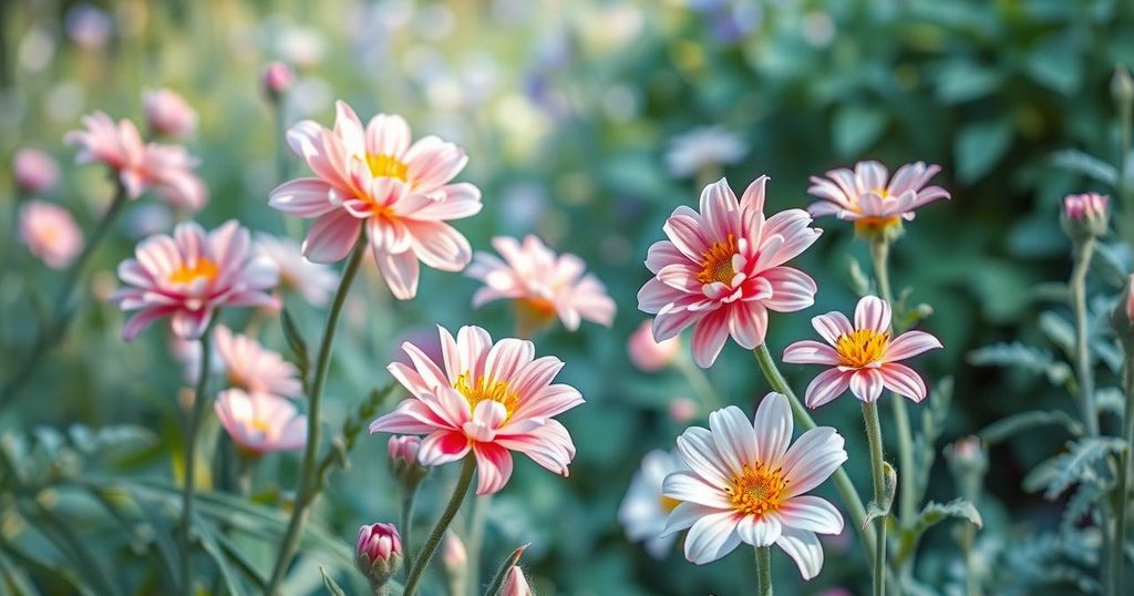 A serene landscape with a peaceful garden, symbolizing farewell and remembrance with soft pastel colors.