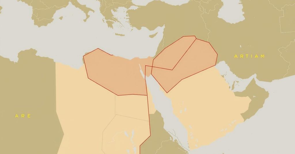 Map depicting Middle Eastern borders, suggesting potential land swaps for stability, with earth tones and geometric designs.