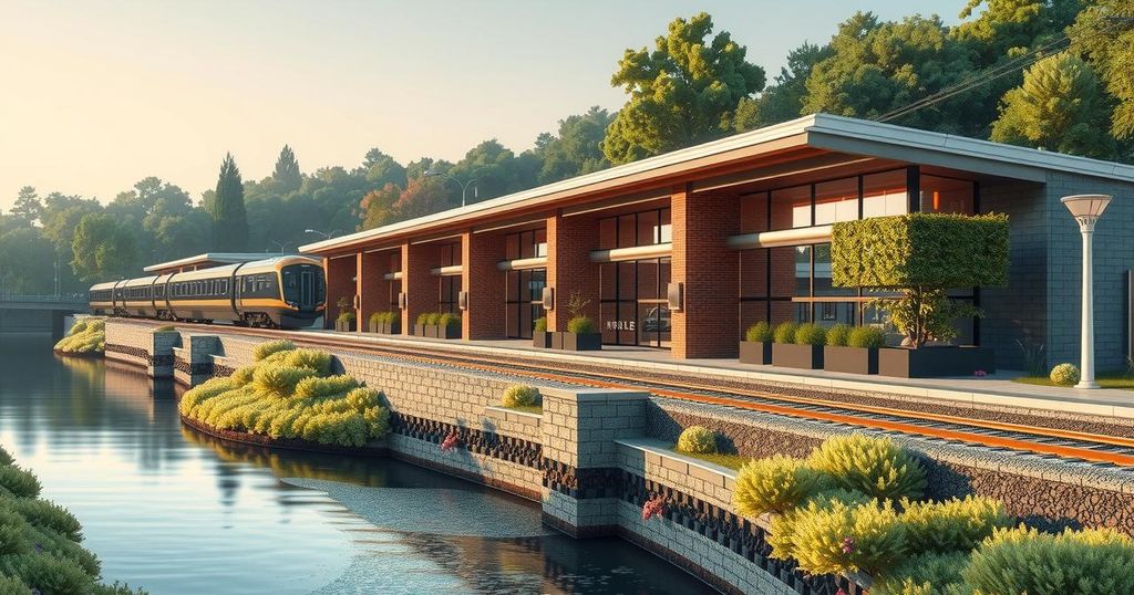 Renovated railway station near Tumen River with modern structure and lush green surroundings.