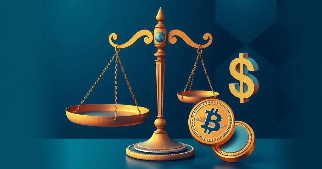 An abstract representation of international crime and justice, featuring symbols of law and finance in dark blue and gold.