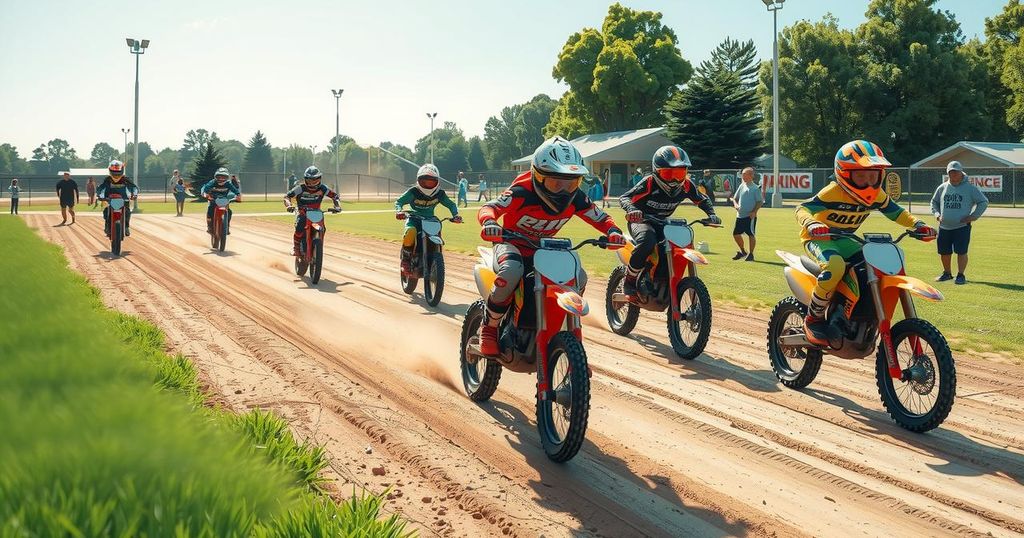 Motocross rider culture with bikes on a track, family playing, and training highlights at ClubMX facility.