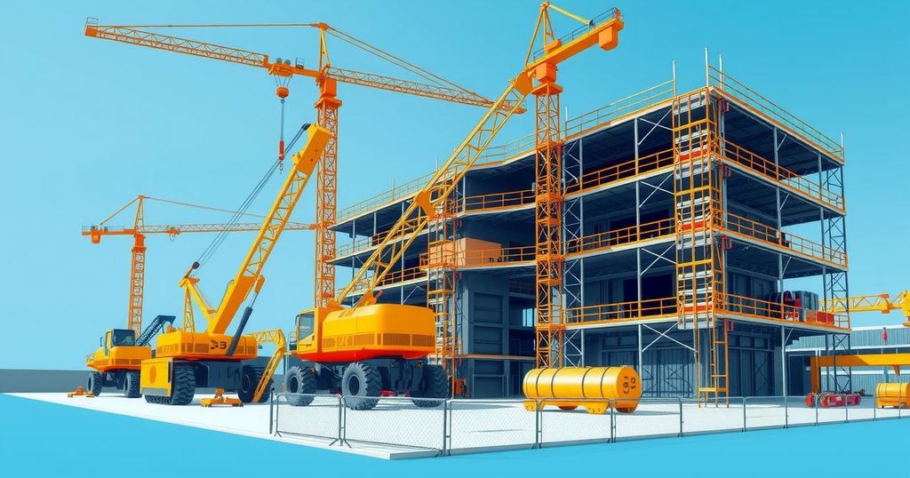 Construction site with heavy machinery and scaffolding, showcasing a busy industrial environment amid blue skies.