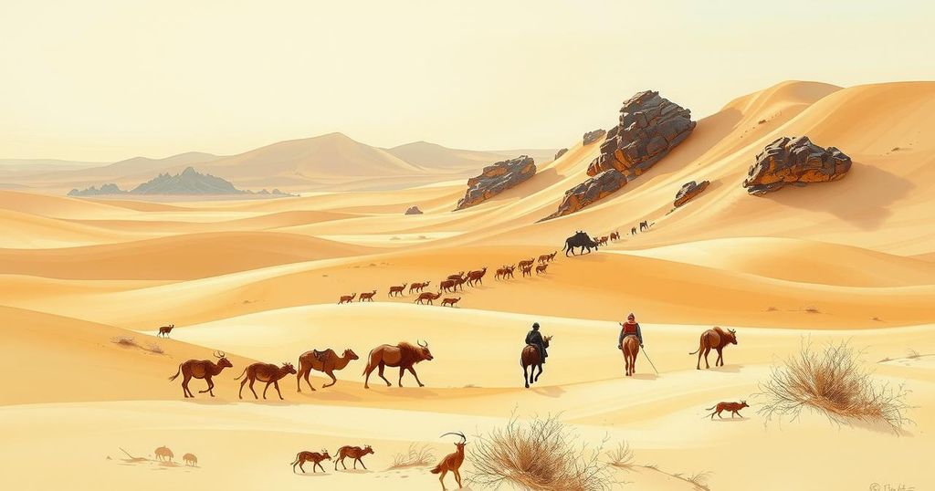 A serene landscape depicting natural migration patterns with animals in a desert setting and warm earth tones.