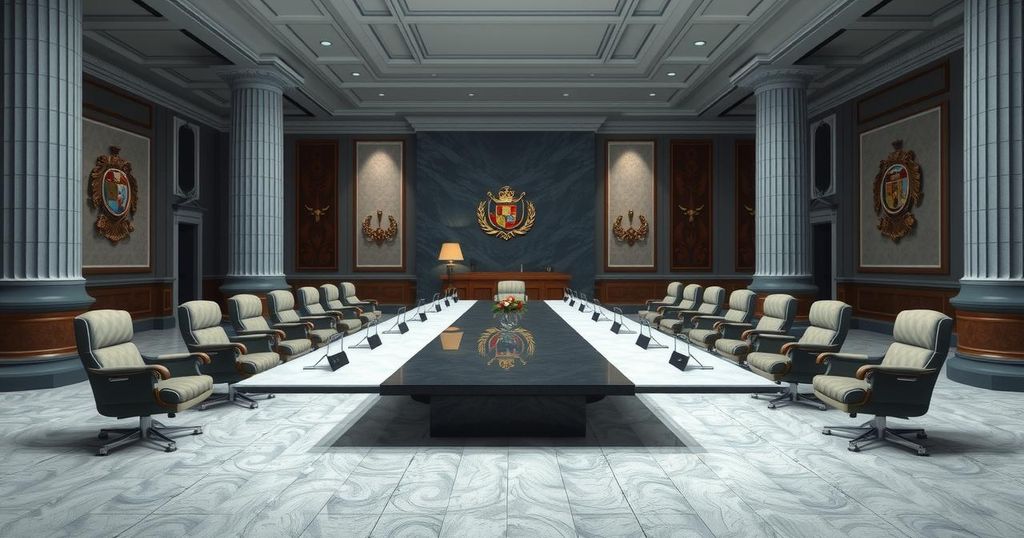 A diplomatic meeting scene with a large table and two empty chairs, decorated with flags and official documents.