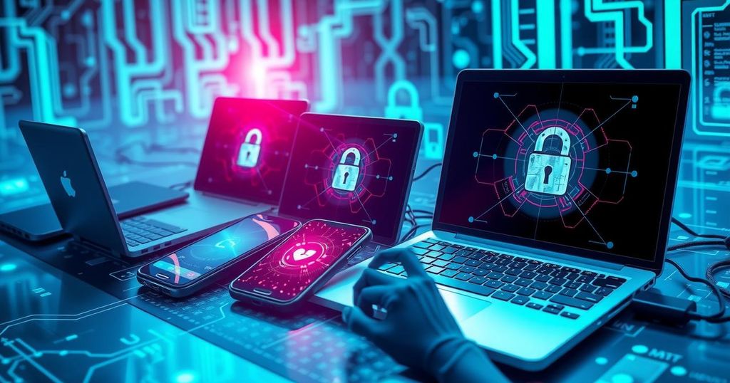 A collection of smartphones and laptops simulating a cyber crime scene with vibrant colors and a modern style.