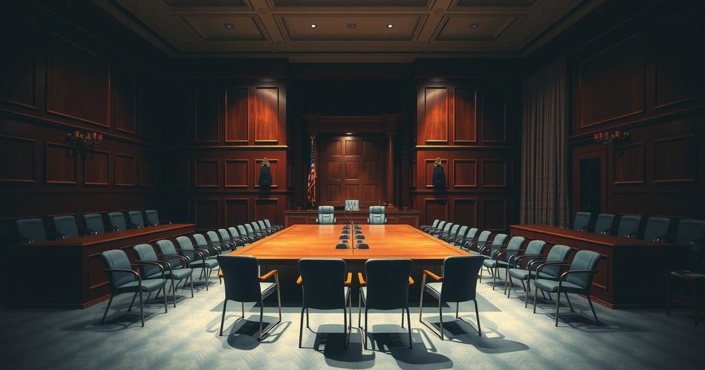 A tense Senate hearing room with dramatic lighting, showcasing empty chairs around a large wooden table