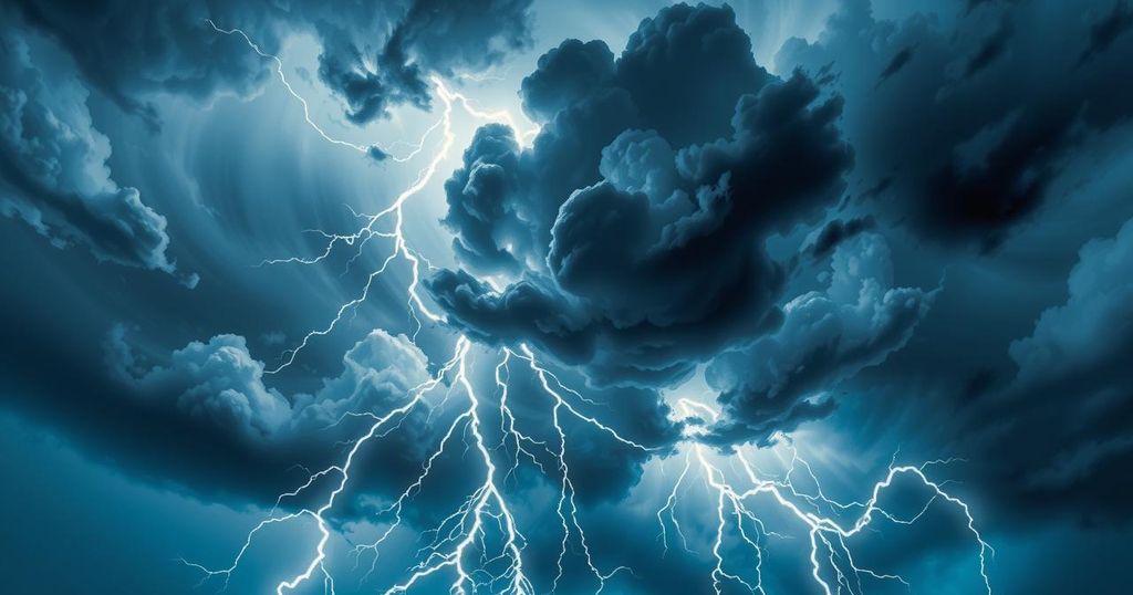 A dramatic stormy sky with dark clouds and lightning, capturing the intensity of a thunderstorm.