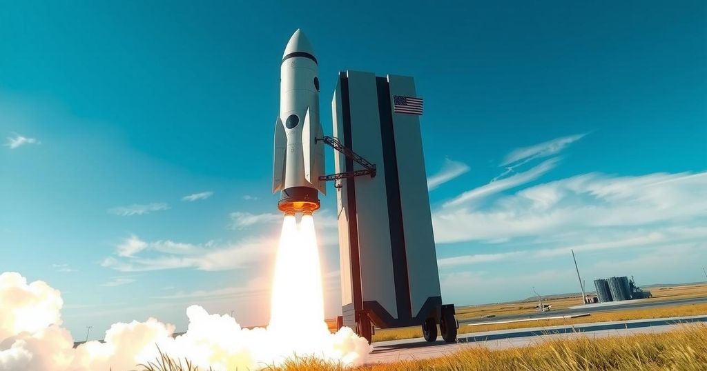 Modern rocket system test in an open landscape showcasing advanced military technology against a blue sky.