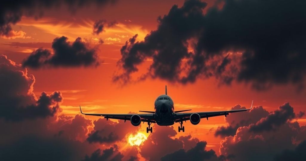 Chartered flight to South Sudan against a dramatic sunset; dark clouds reflect a tone of tension and uncertainty.