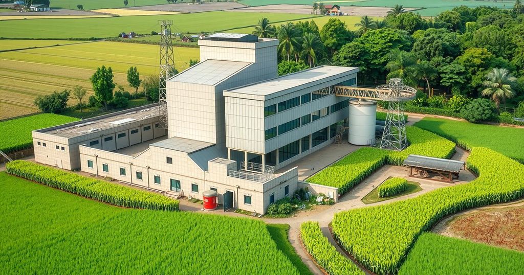 Vibrant rice mill facility surrounded by lush greenery, showcasing agricultural innovation and community empowerment.