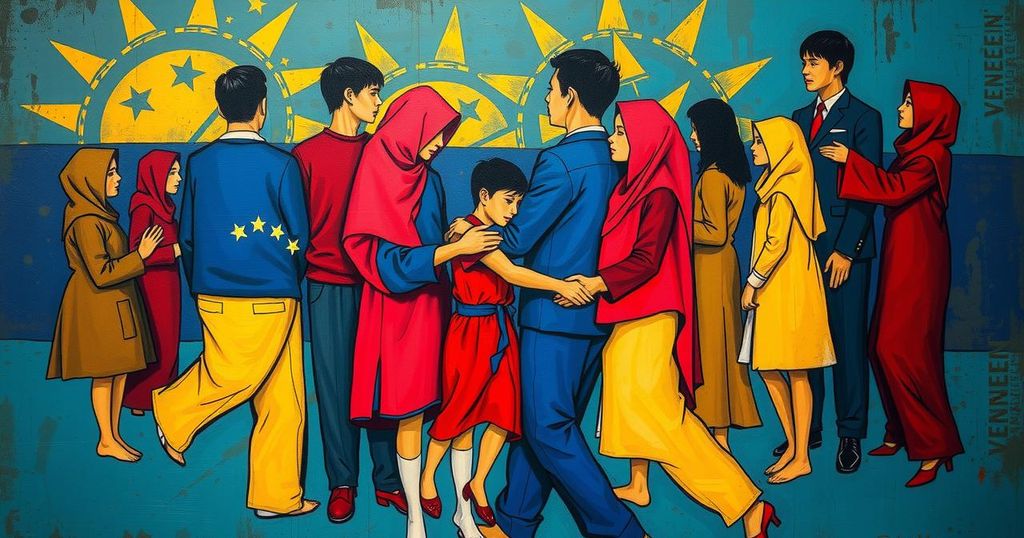 Venezuelan flag colors blend with abstract representations of family separation and economic hardship