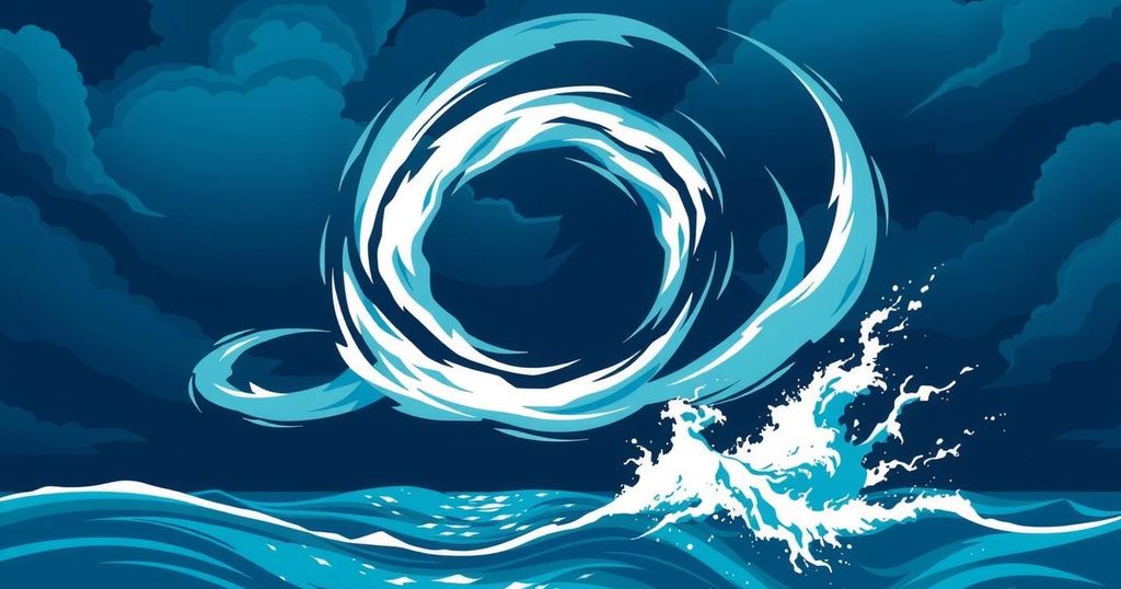 A swirling cyclone over ocean waters depicted in vibrant colors, showcasing its powerful structure and energy.