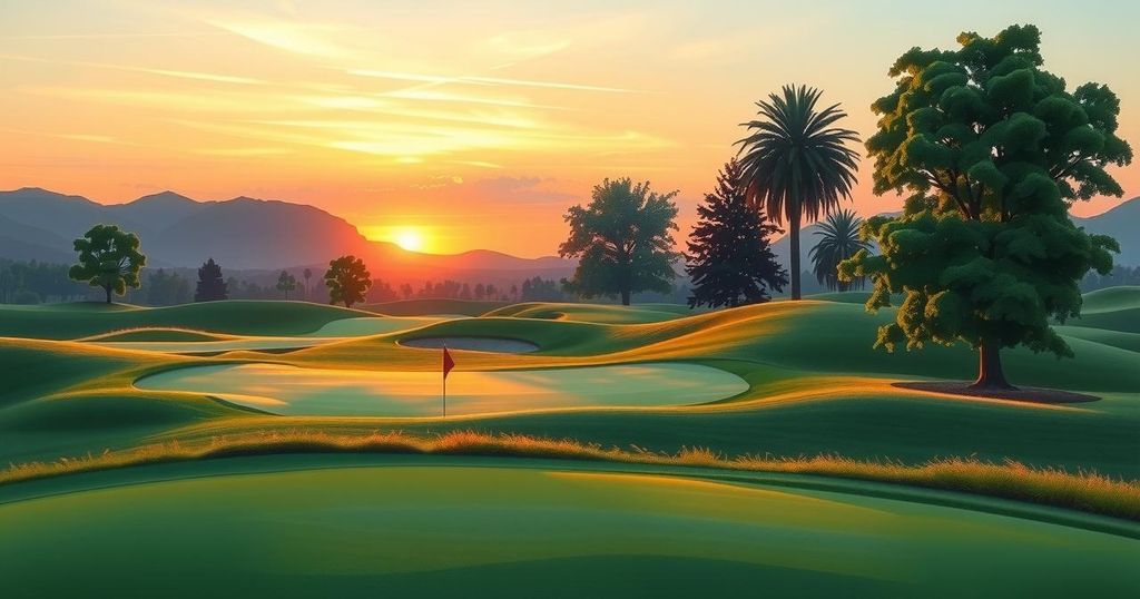 A serene golfing landscape at sunset with rolling hills and a beautiful course. Soft pastels in the sky.