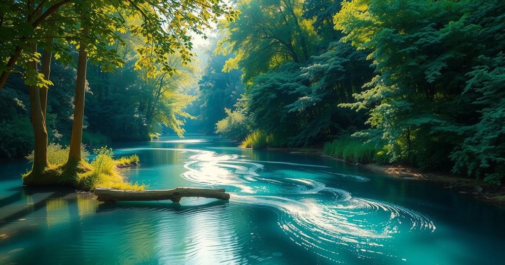 A serene landscape of a peaceful nature scene featuring a calm river and lush green trees symbolizing hope.