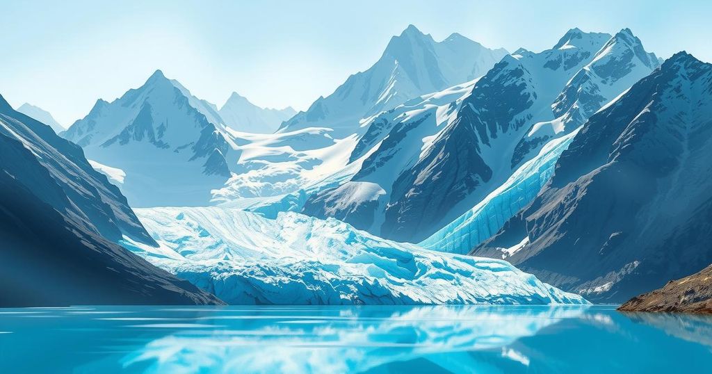 A serene Himalayan landscape featuring majestic glaciers and tranquil glacial lakes, highlighting nature's beauty and environmental concerns.