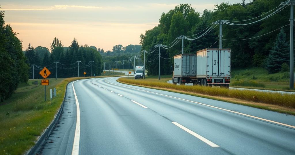A serene road scene illustrating a peaceful highway with orange cones and parked flatbed trailers.