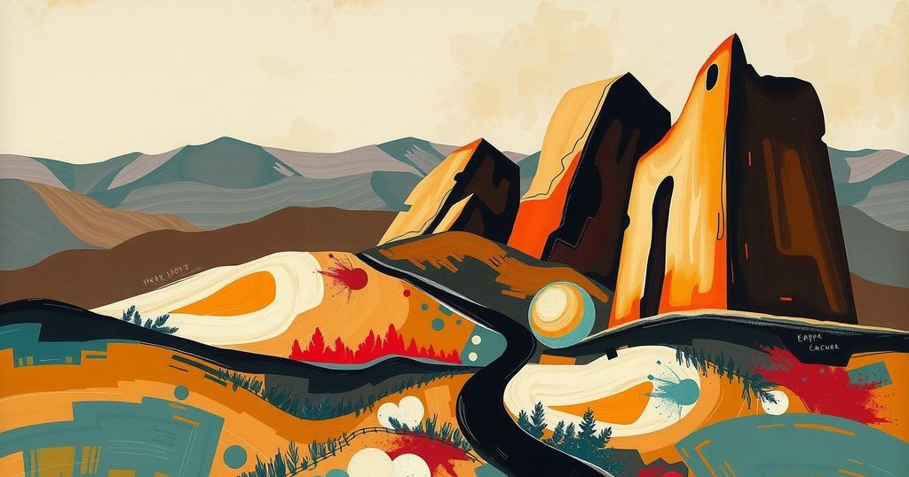 An abstract representation of resilience and communication amidst conflict, in earthy tones with bold brush strokes.