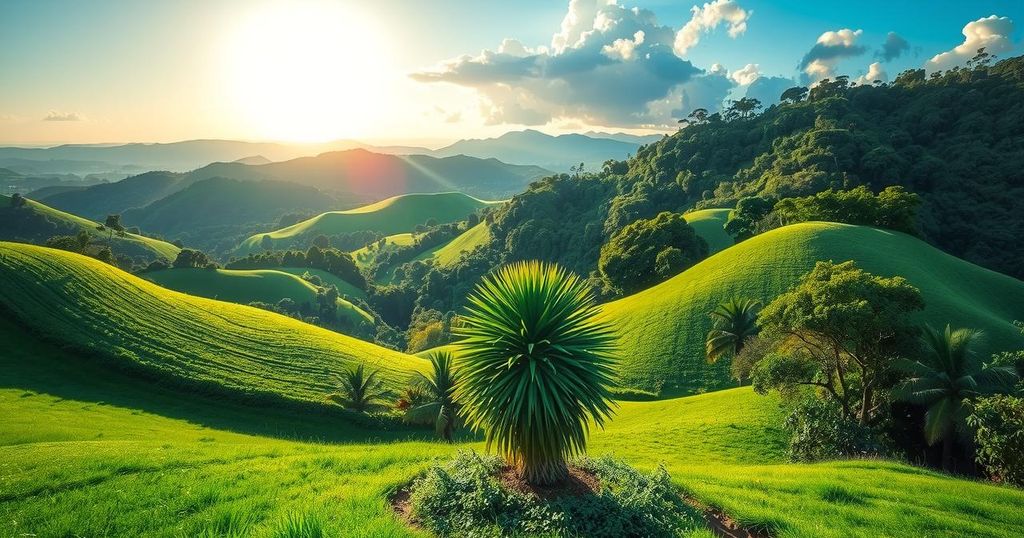 A tranquil Jamaican landscape depicting lush greenery under a bright blue sky with soft clouds.
