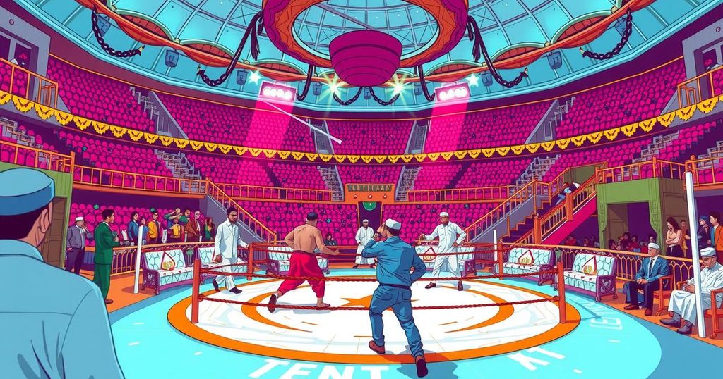 WWE SmackDown scene in Saudi Arabia with a vibrant atmosphere and colorful decorations.