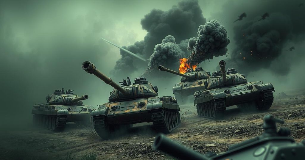 A battle scene depicting military engagement, with tanks, smoke, and landscape in dark greens and grays, in a realistic style.