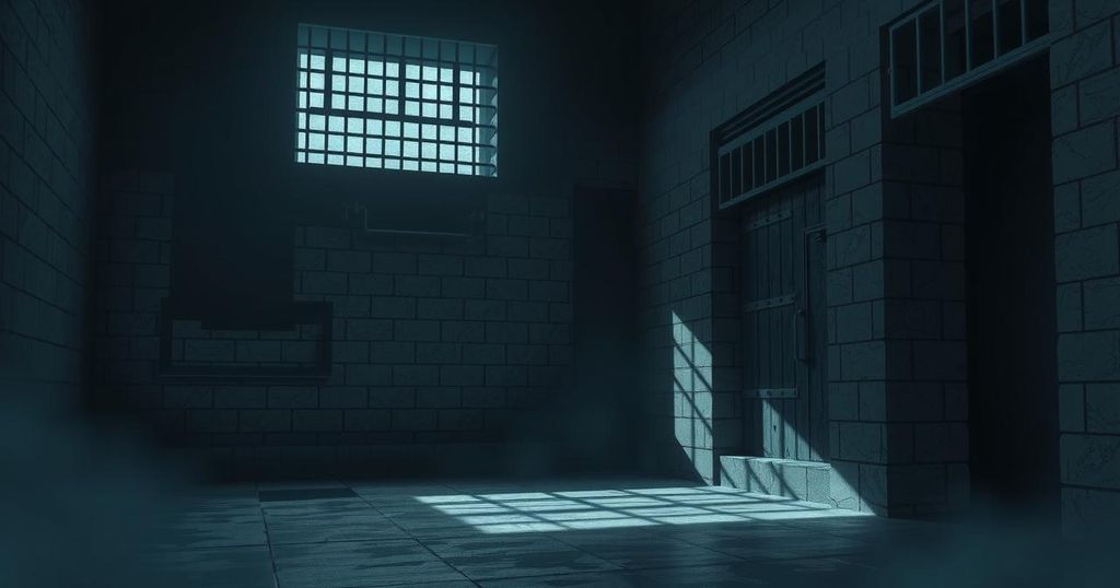 A somber prison setting with barred windows, depicting a tense atmosphere of security and escape.