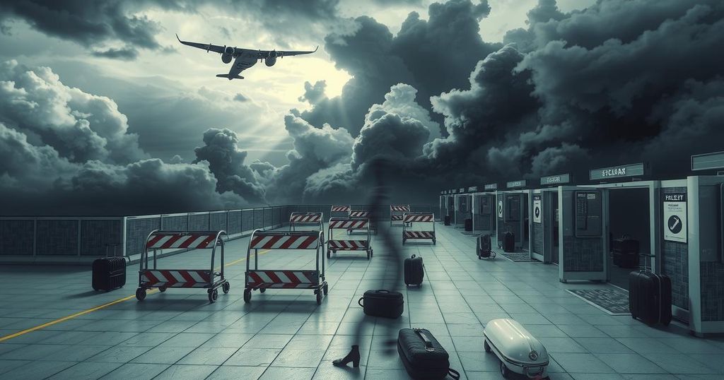 An abstract representation of global travel restrictions with a chaotic airport scene and symbolic barriers.