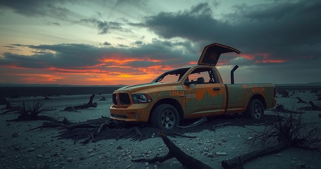 A somber landscape featuring a burned pick-up truck in a desolate area with a sky of muted tones.
