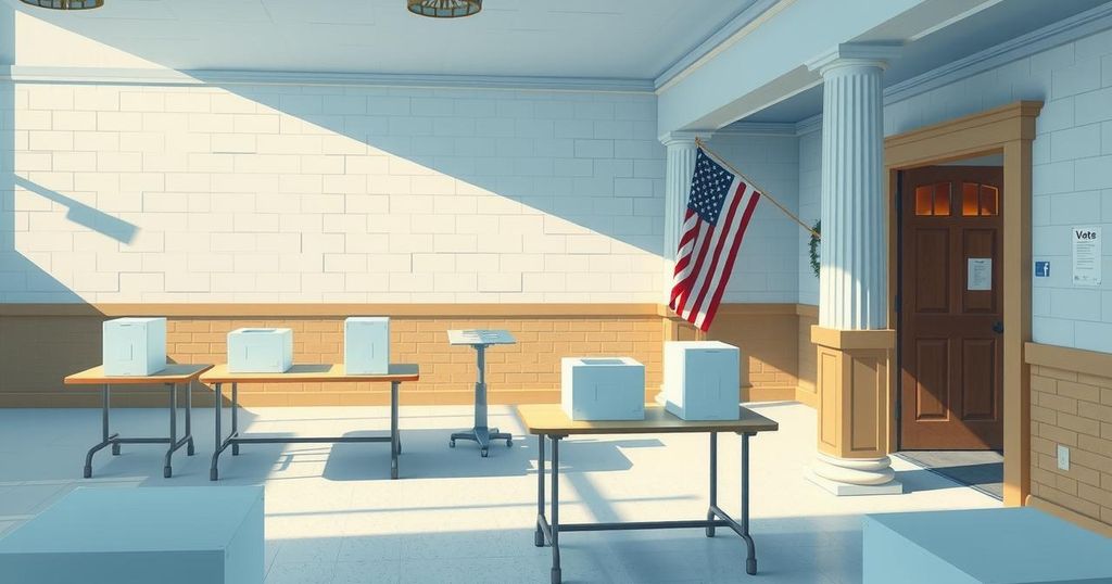 New Jersey election scene with polling place, ballot boxes, and voting materials, reflecting civic engagement during primaries.