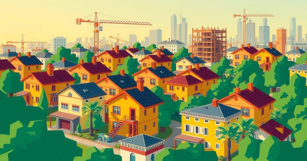 A digital illustration of a cityscape with rebuilding efforts, showcasing houses and architecture in bright colors.