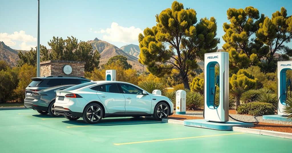 A vibrant electric vehicle charging station in South Africa, showcasing sleek modern cars and lush greenery.