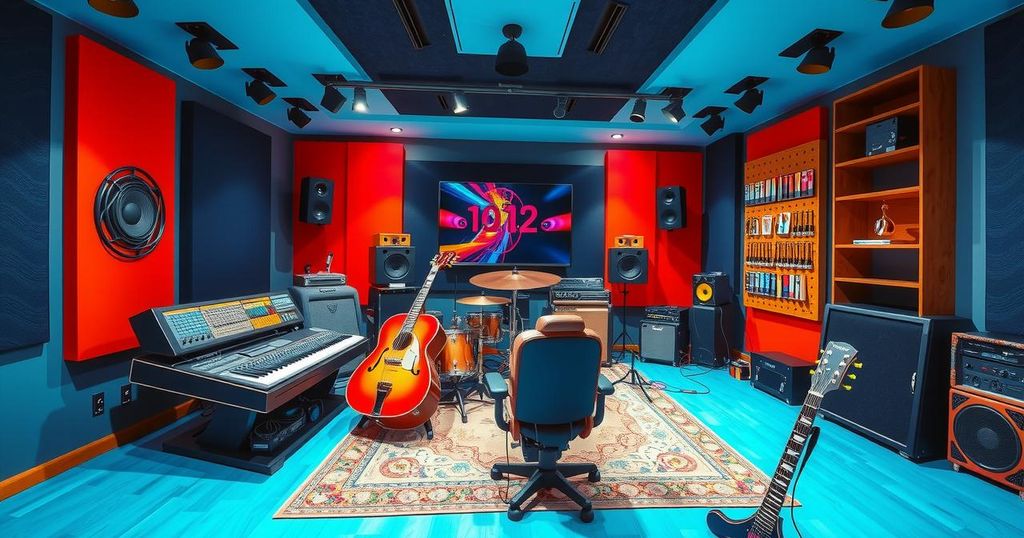A vibrant music studio showcasing colorful sound equipment and a creative workspace.