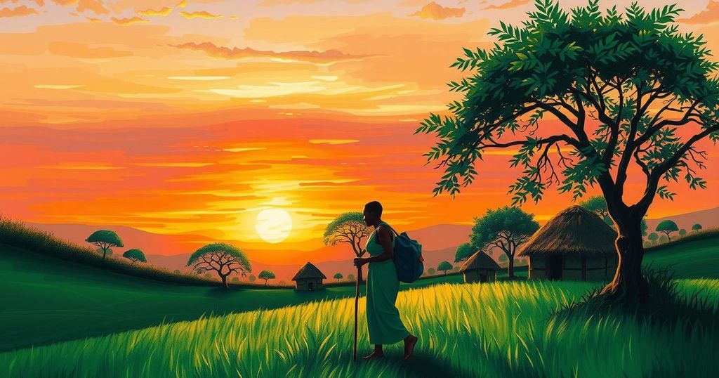 A vibrant sunset over a Kenyan landscape, illustrating resilience and hope in the fight against hunger.