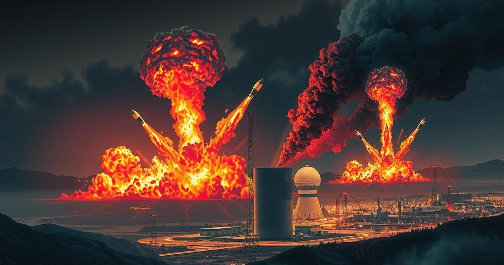 A dramatic scene depicting missile strikes on a nuclear site, illustrated in dark colors with explosive effects.