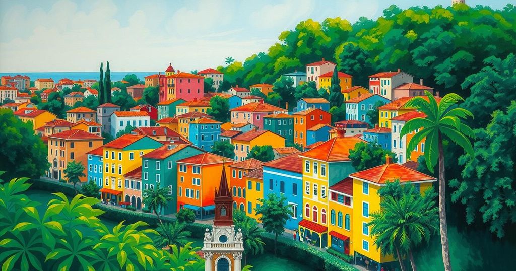 Colorful abstract representation of a vibrant Brazilian cityscape with lush greenery and lively architecture.