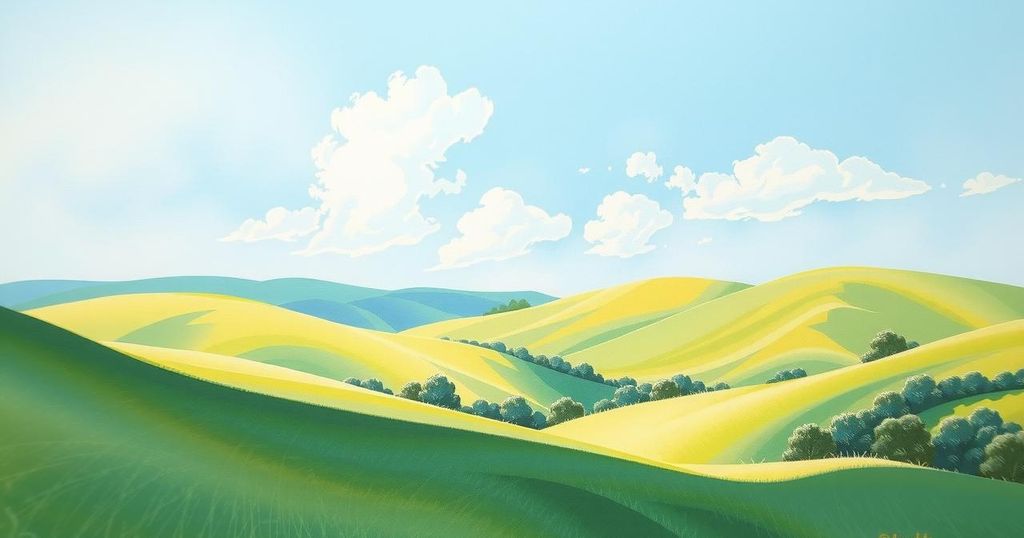 A peaceful landscape with soft green hills under a bright blue sky, inspired by impressionism and featuring pastel colors.