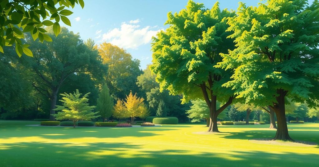 Serene landscape of a tranquil park with trees, greenery, and a calm atmosphere for reflection and nature appreciation.
