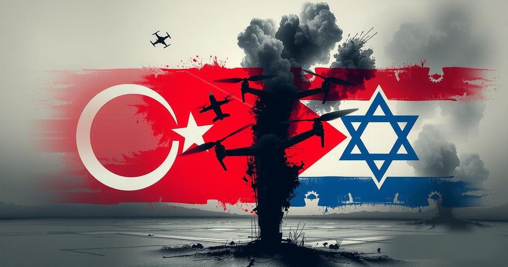 Tension between Turkey and Israel illustrated by a split landscape, showing contrasting flags and military elements in muted colors.