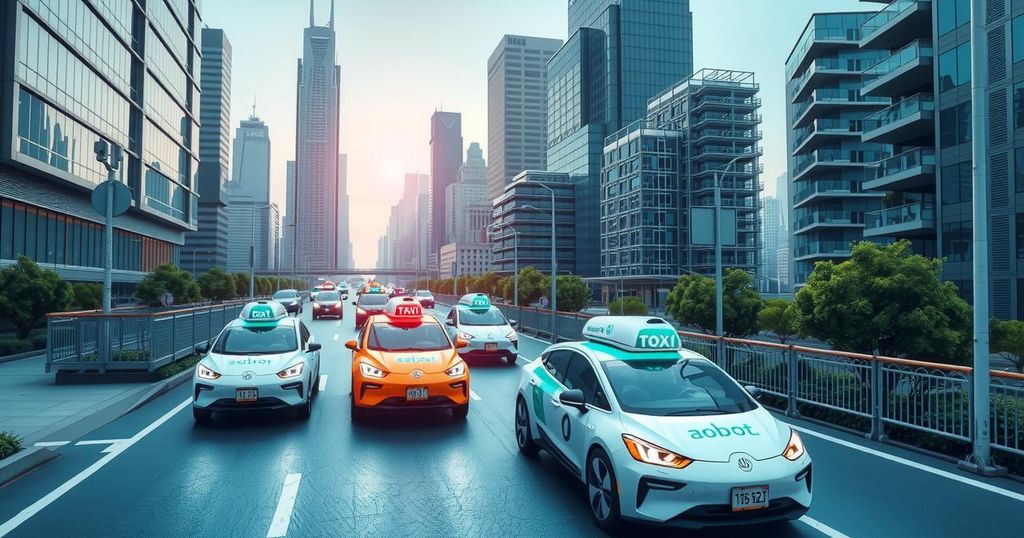 Futuristic robotaxis navigating an urban setting with greenery and buildings, showcasing autonomous vehicle technology.