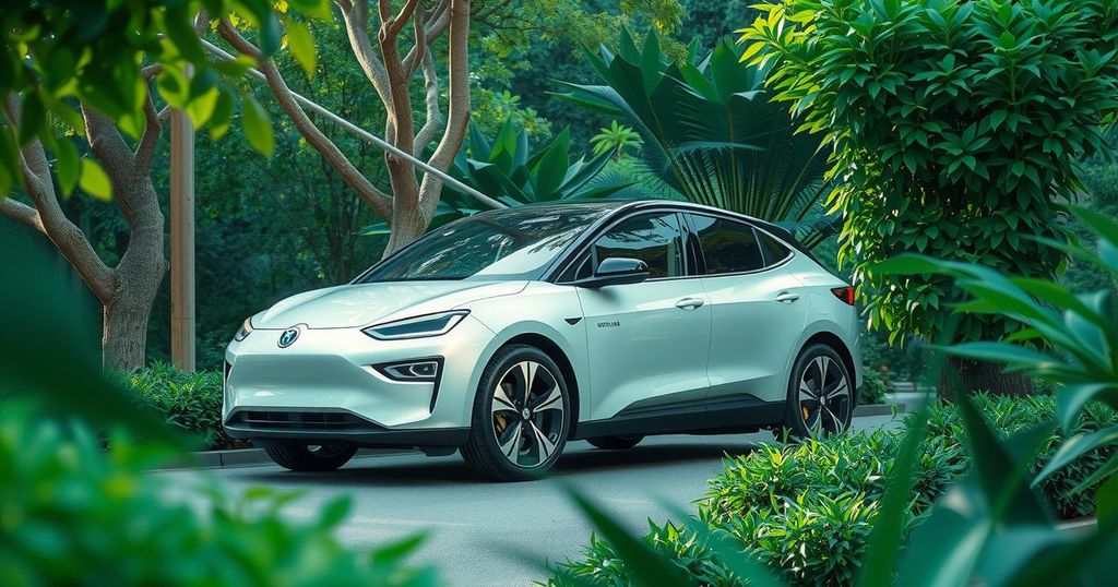 A modern electric vehicle surrounded by green parks symbolizing sustainable transport in Rwanda.