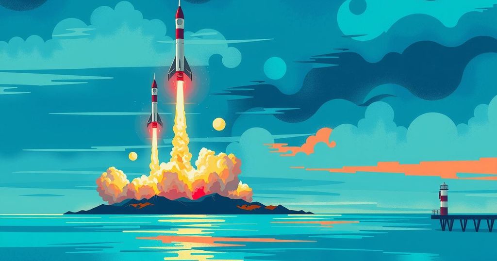 Colorful abstract illustration of rockets being launched over a coastal landscape, conveying tension and military activity.