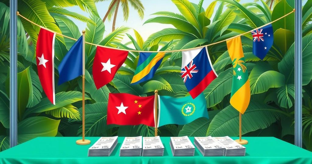 Voting booth with ballots and colorful flags symbolizing democracy in Samoa's snap election.