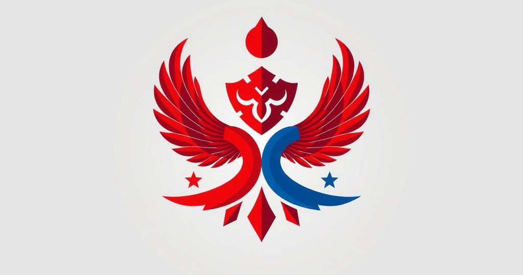 A stylized coalition emblem representing North Korea and Russia, blending national symbols and colors for unity.