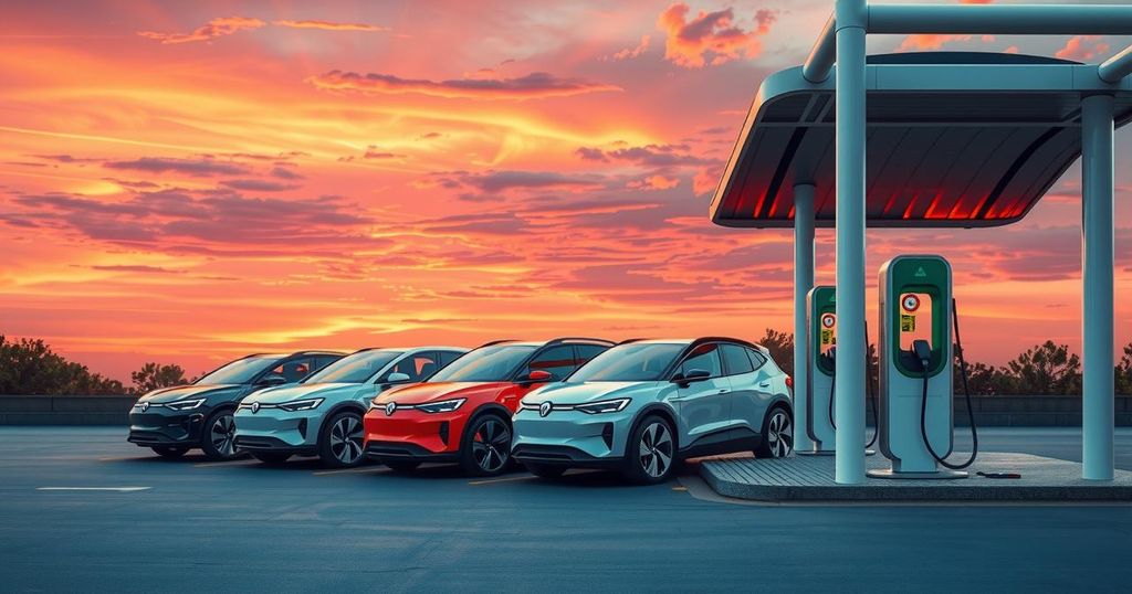 Electric vehicle charging station with sleek cars under vibrant sunset sky in a modern setting.