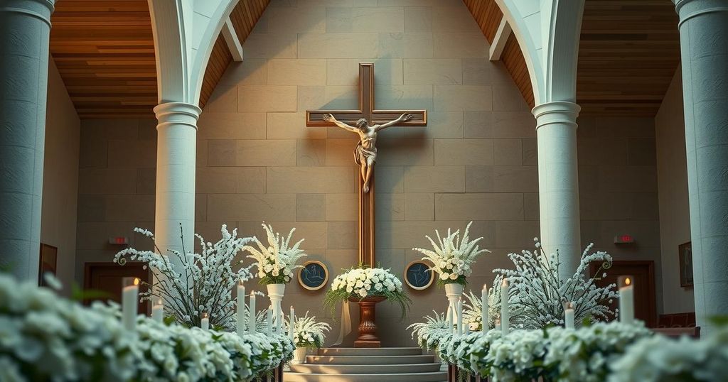 A somber church scene with flowers, lit candles, and a cross reflecting hope and resilience in the face of tragedy.